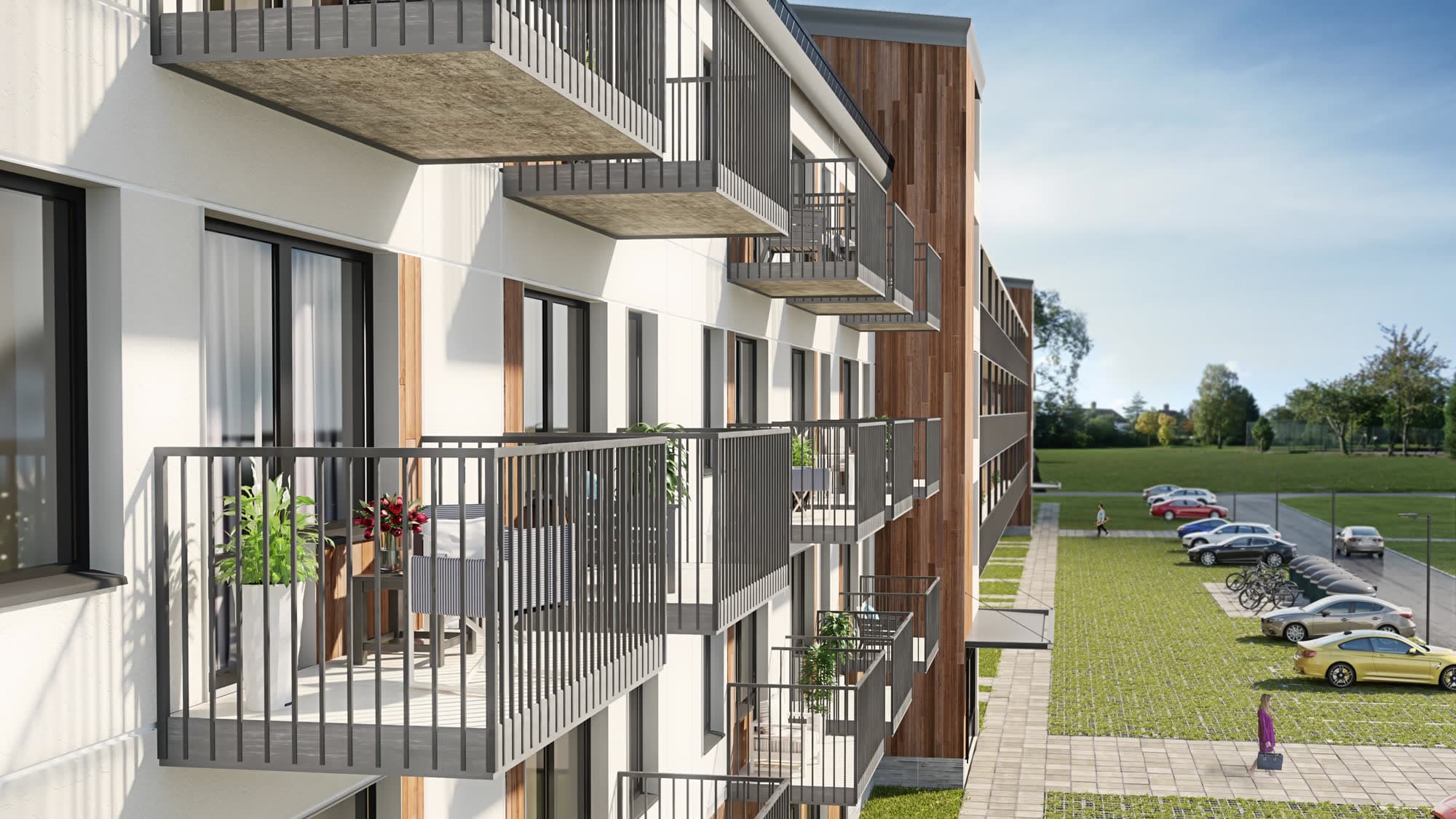 Balkonger med träpanel och gården utanför